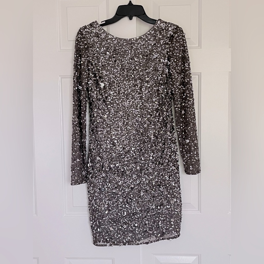 Adrianna Papell Dark Grey Long Sleeve, Scoop Back, Sequence Mini Dress, size 8